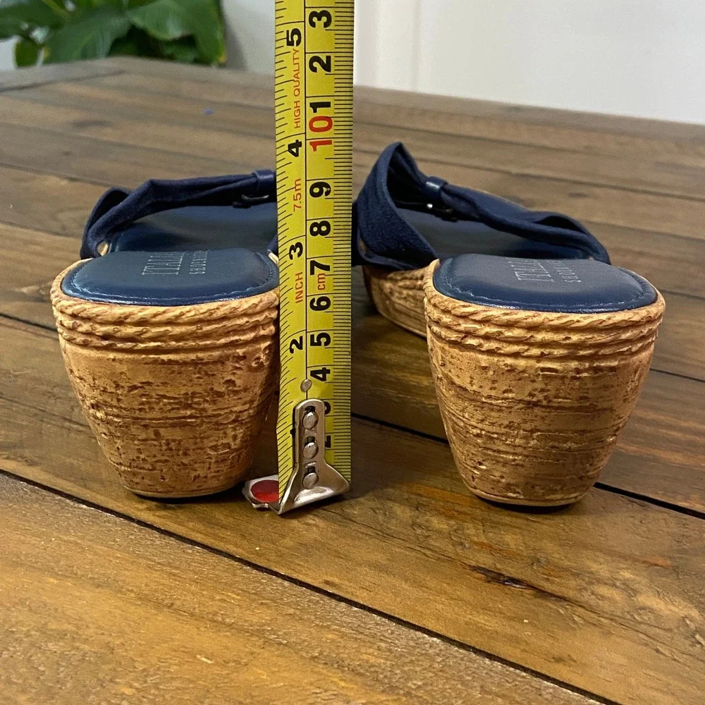 Italian Shoemakers Navy Blue Wedge‎ Sandals Knotted Strap Slides Womens 11 Italy